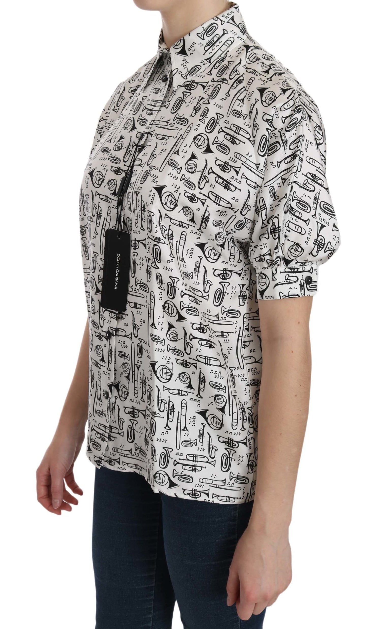 Dolce & Gabbana White Musical Instrument Collared Blouse Shirt