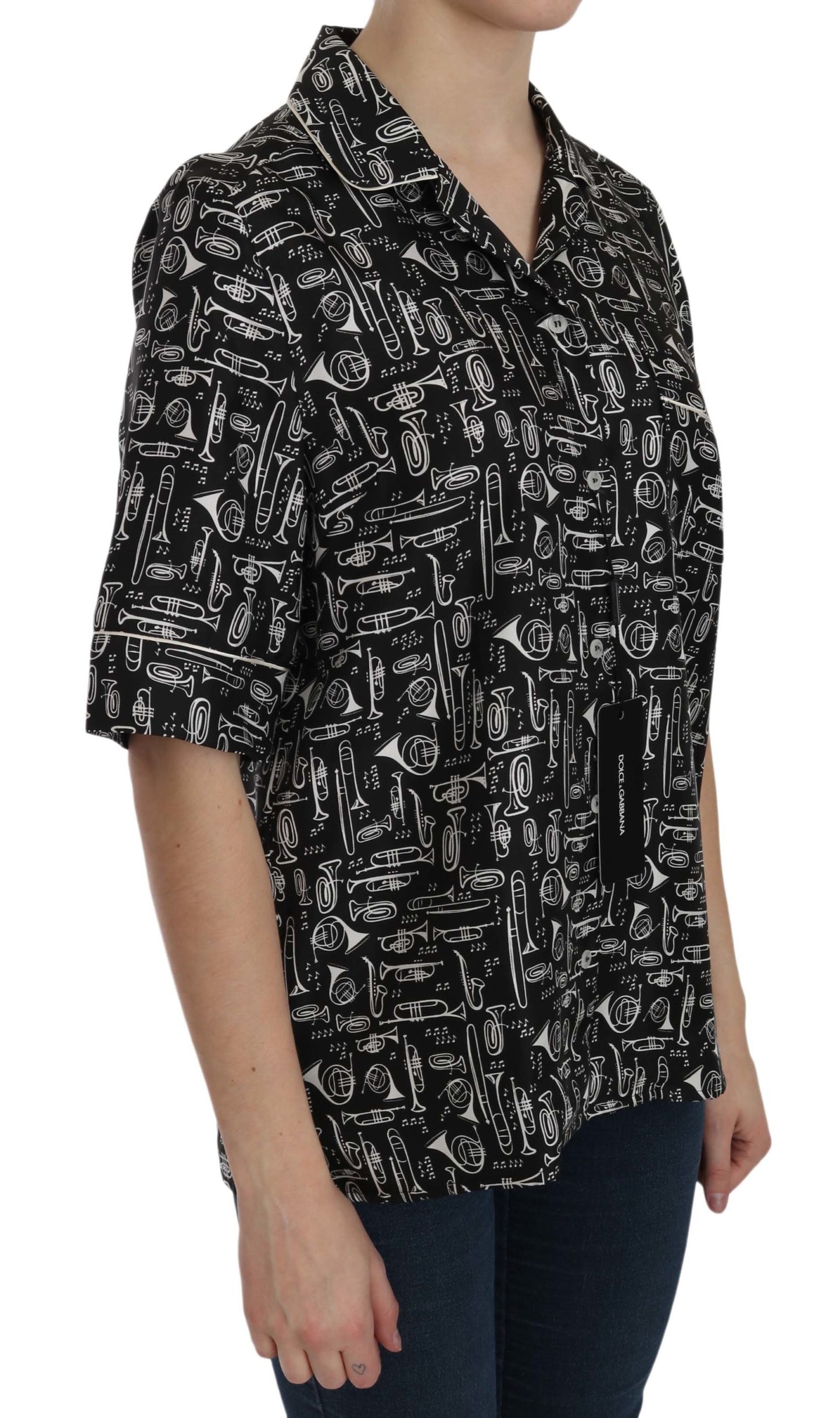 Dolce & Gabbana Black Musical Instrument Print Silk Top