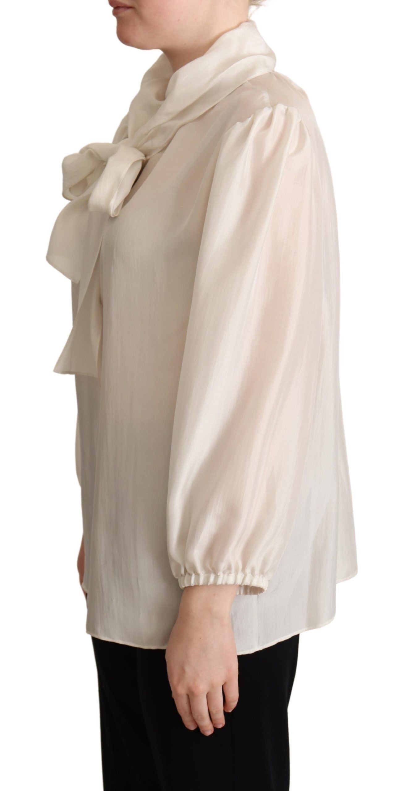 Dolce & Gabbana Light Gray Ascot Collar Shirt Silk Blouse Top