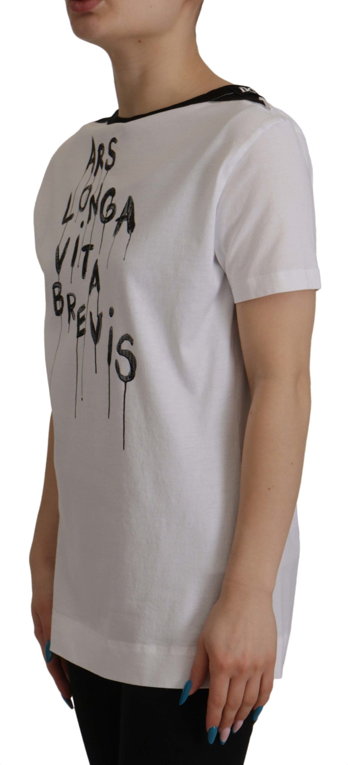 Dolce & Gabbana White Slogan Print Round Neck Cotton T-shirt