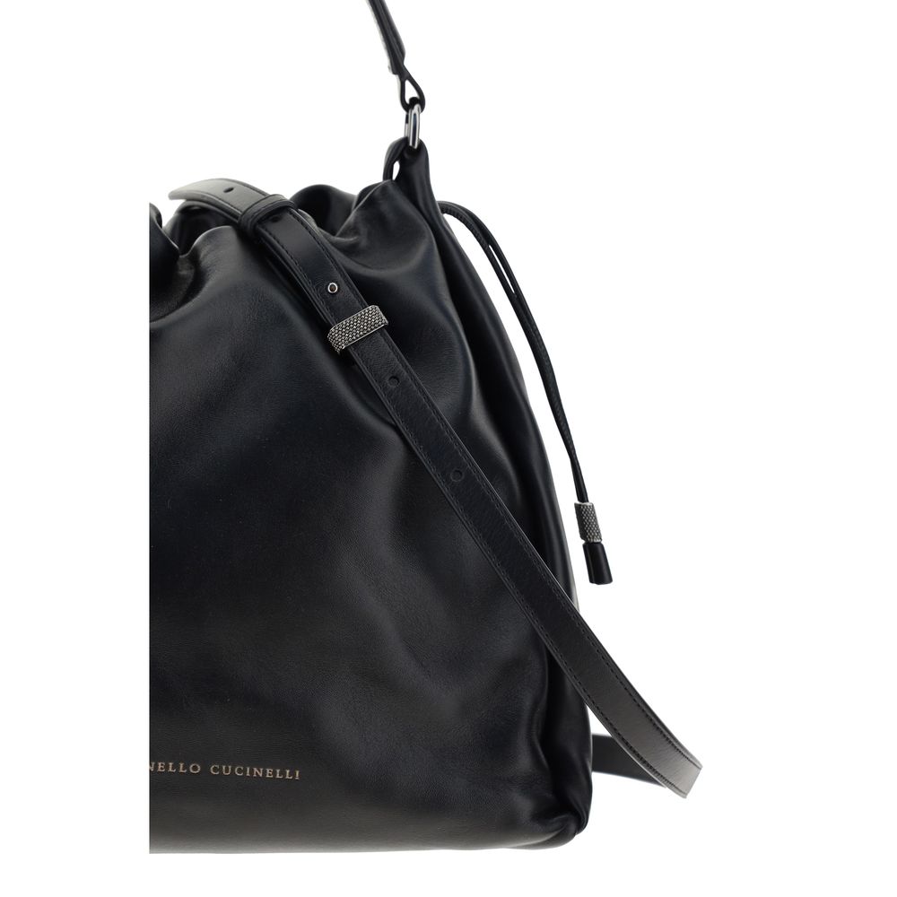 Brunello Cucinelli Black Calf Leather Bos Taurus Shoulder Bag