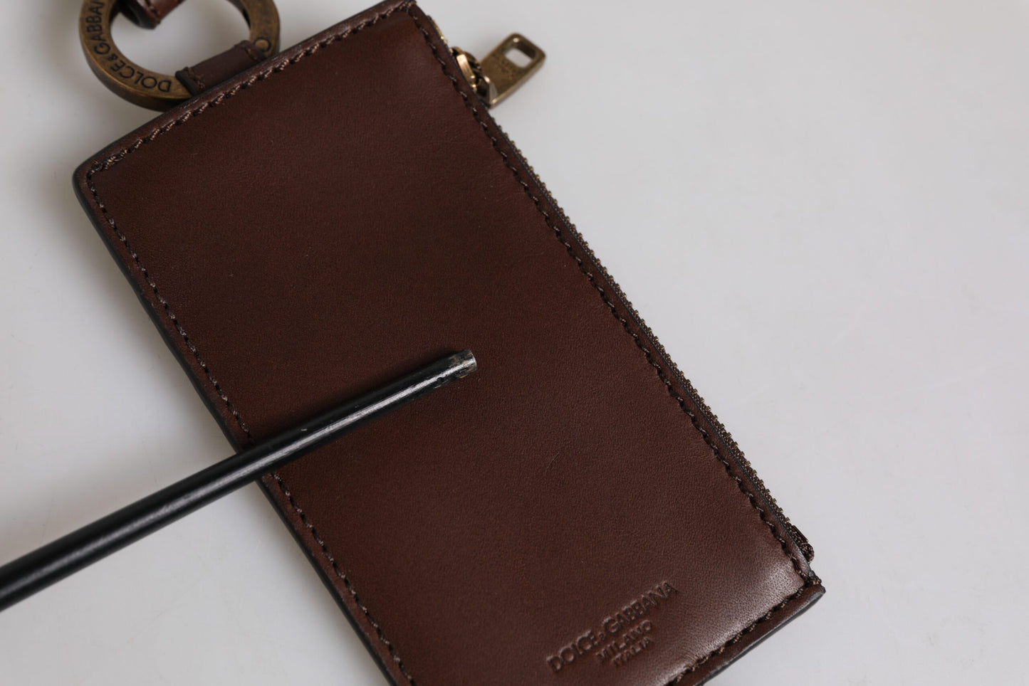 Dolce & Gabbana Brown Calf Leather Lanyard Logo Card Holder Wallet