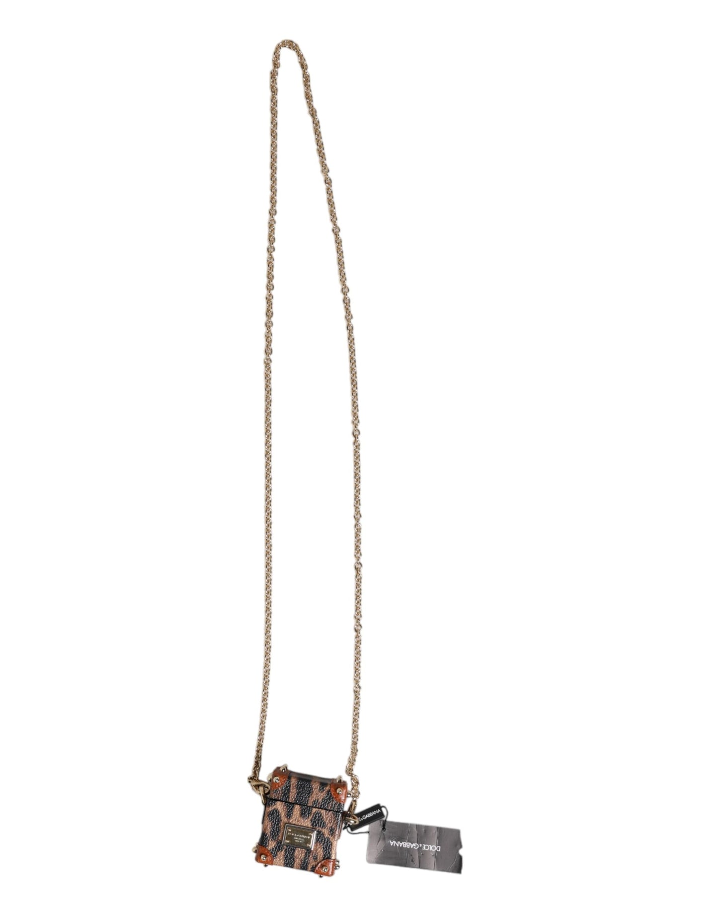 Dolce & Gabbana Brown Leopard Metal Logo Plaque Gold Chain Airpods Case