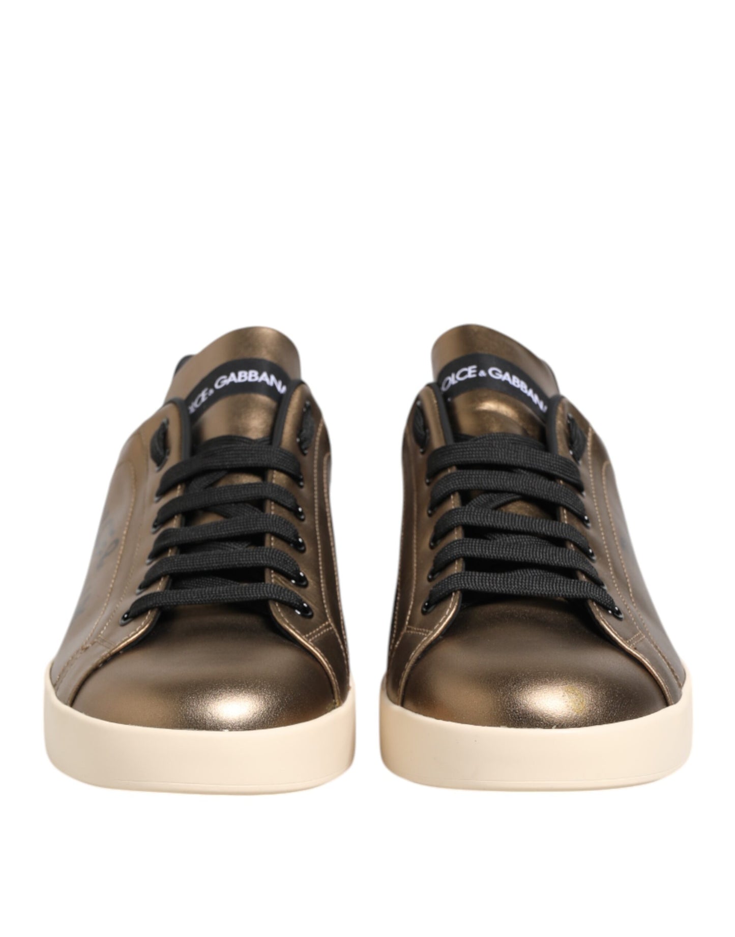 Dolce & Gabbana Gold White Leather Low Top Men Sneakers Shoes