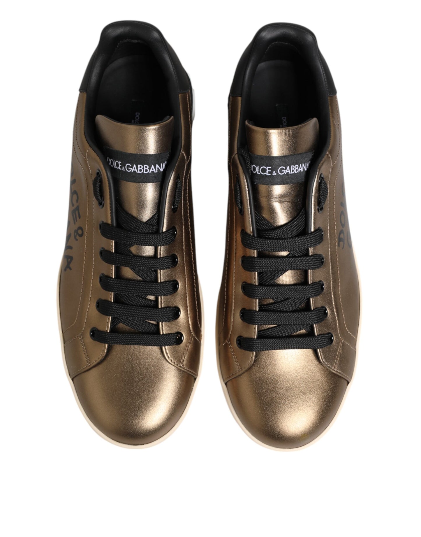 Dolce & Gabbana Gold White Leather Low Top Men Sneakers Shoes