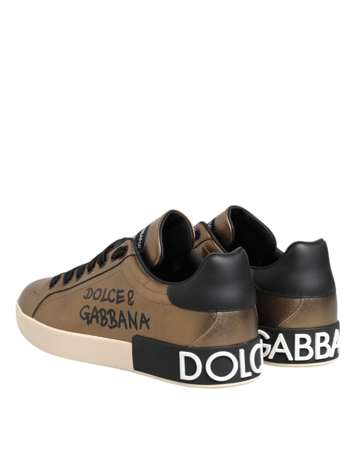 Dolce & Gabbana Gold White Leather Low Top Men Sneakers Shoes