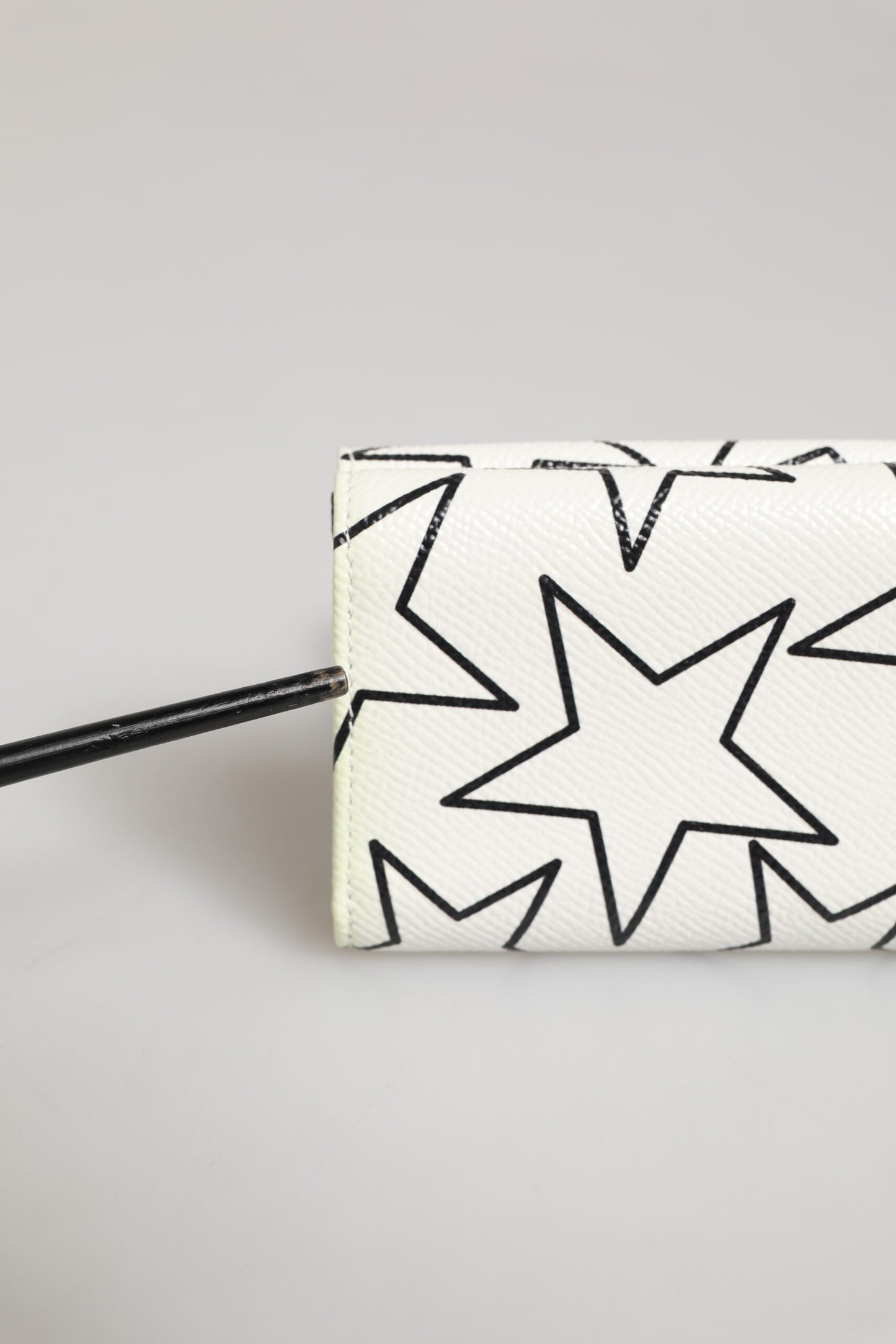 Dolce & Gabbana White Leather Black Star Print Trifold Card Holder Wallet