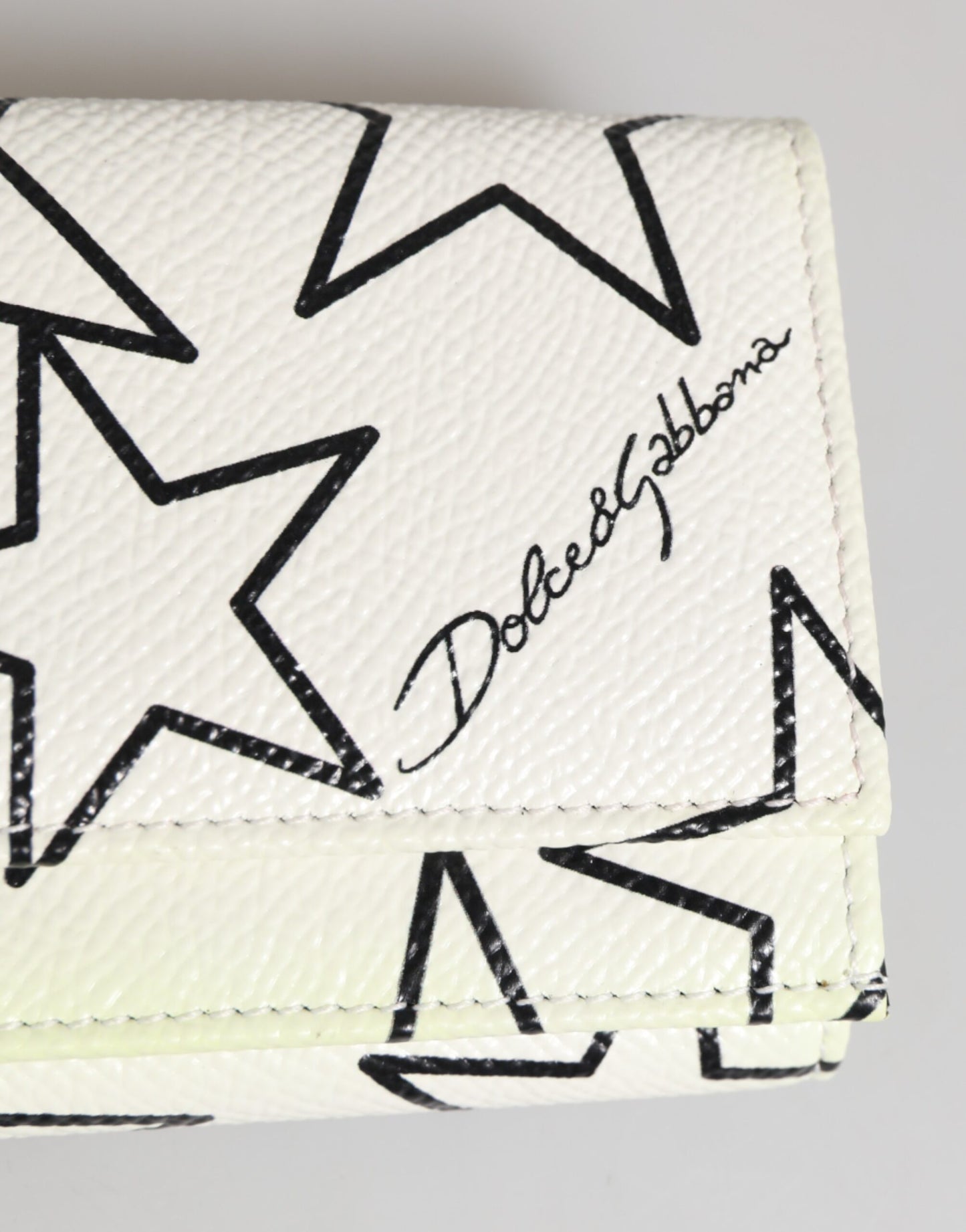 Dolce & Gabbana White Leather Black Star Print Trifold Card Holder Wallet