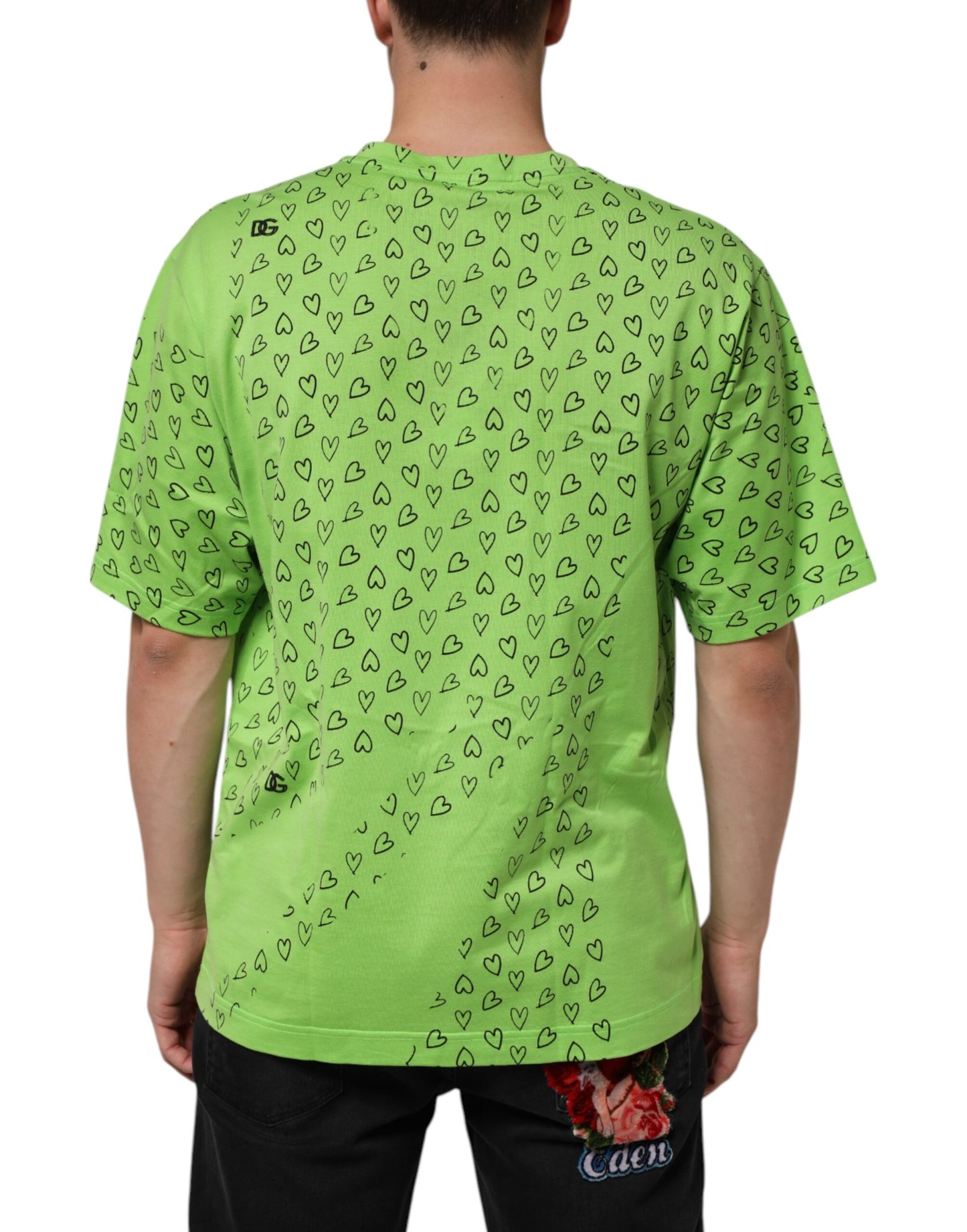 Dolce & Gabbana Green V-Neck DG Logo Heart Print T-shirt