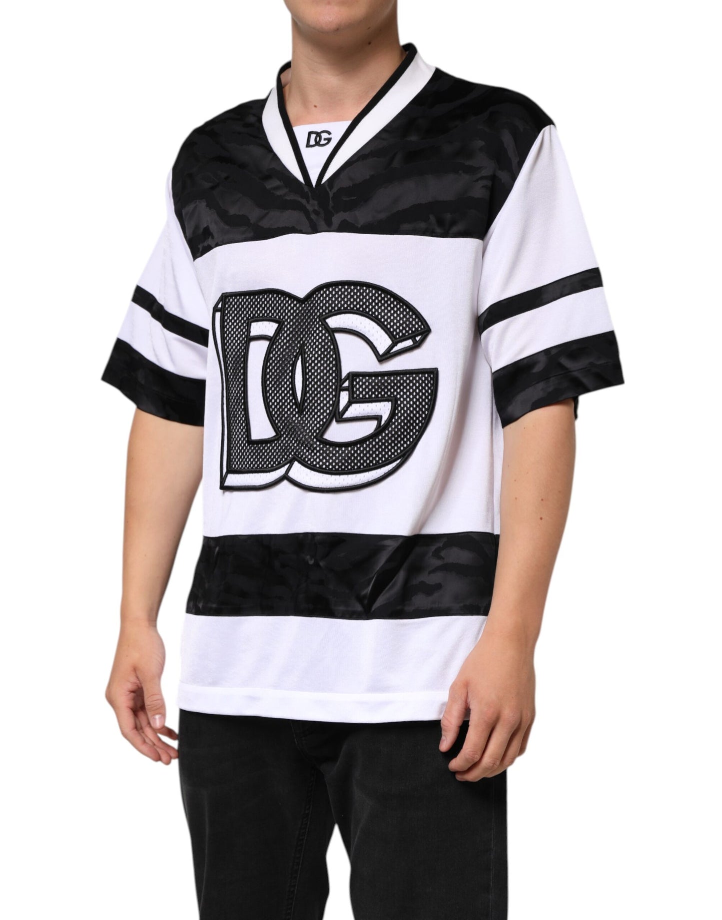 Dolce & Gabbana White Black Polyester DG Logo Mesh Jersey T-shirt