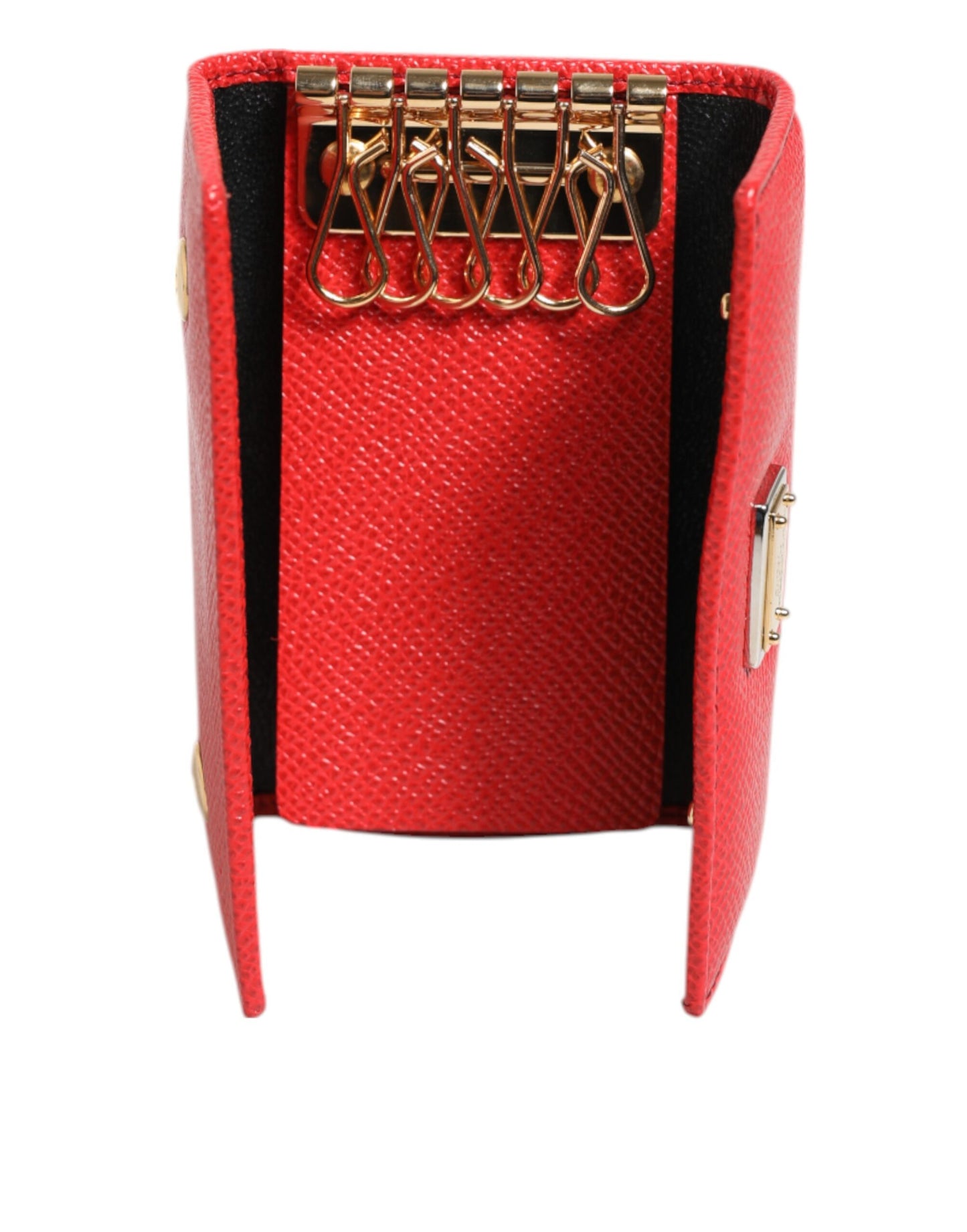 Dolce & Gabbana Red Leather Silver Metal Logo Plaque Trifold Key Holder