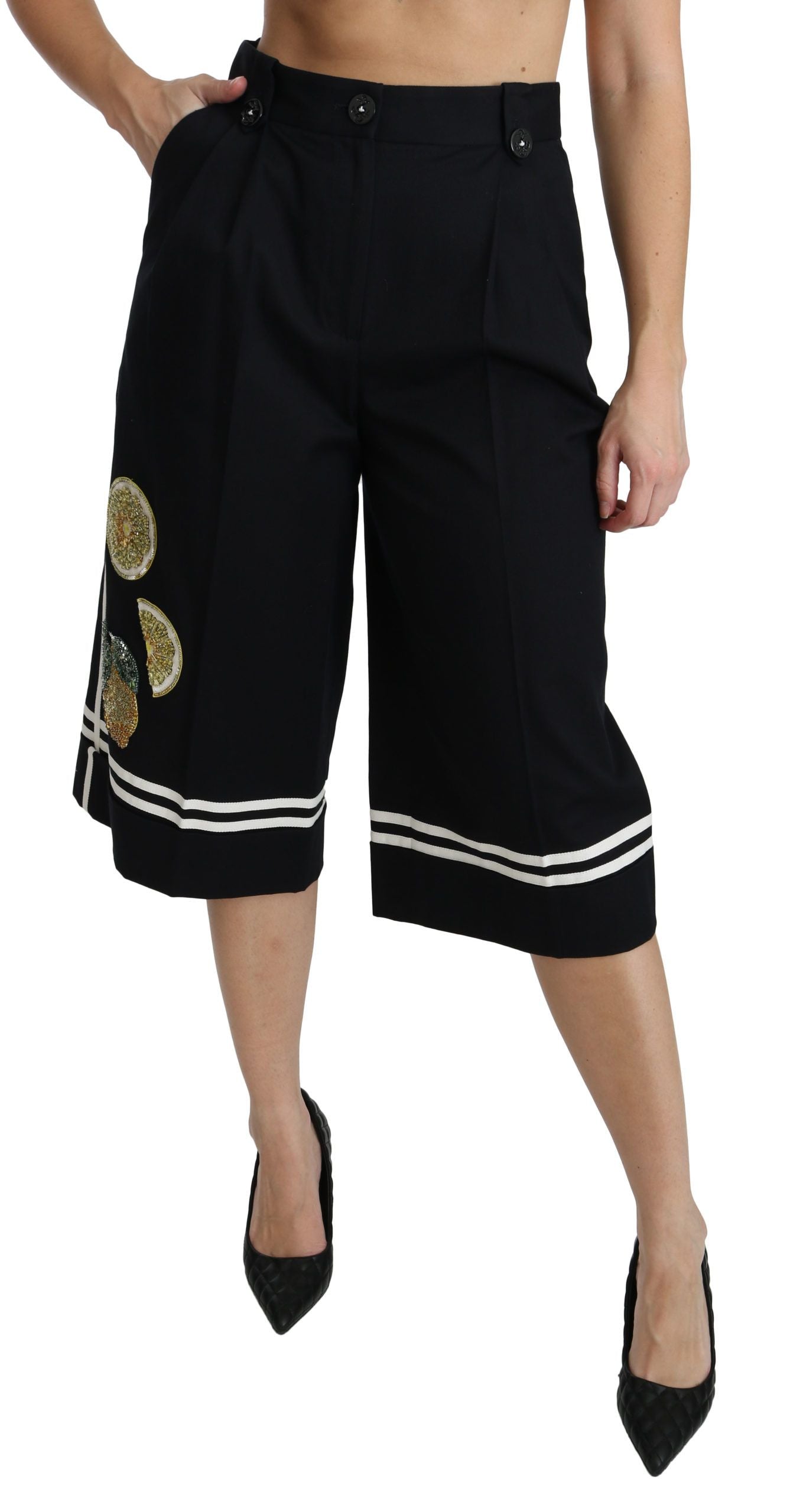 Dolce & Gabbana High Waist Palazzo Cropped Pants in Black Lemon