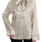 Dolce & Gabbana Elegant Beige Silk Satin Blouse with QUEEN Embroidery