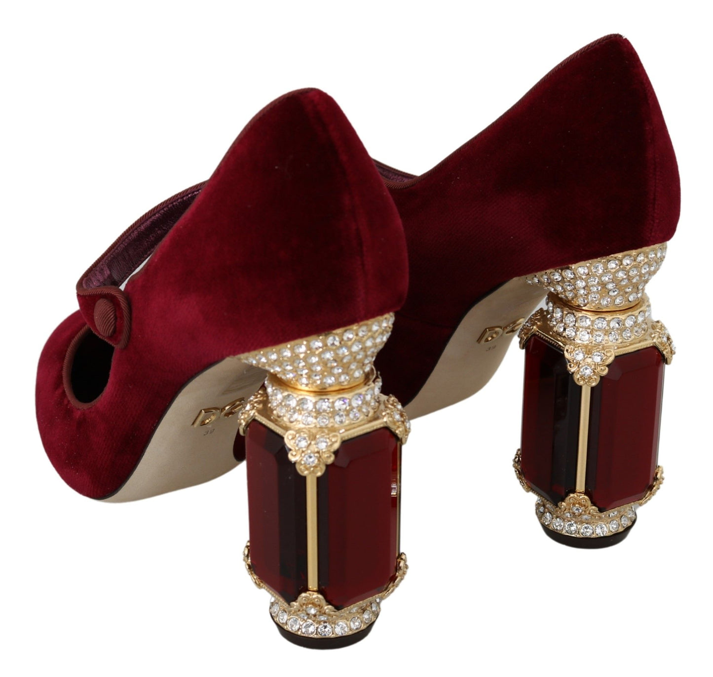 Dolce & Gabbana Red Velvet Crystal-Embellished Mary Janes Heels