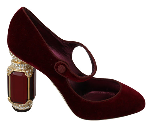 Dolce & Gabbana Red Velvet Crystal-Embellished Mary Janes Heels