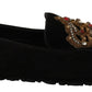 Dolce & Gabbana Elegant Black Leather Loafer Slides with Gold Embroidery