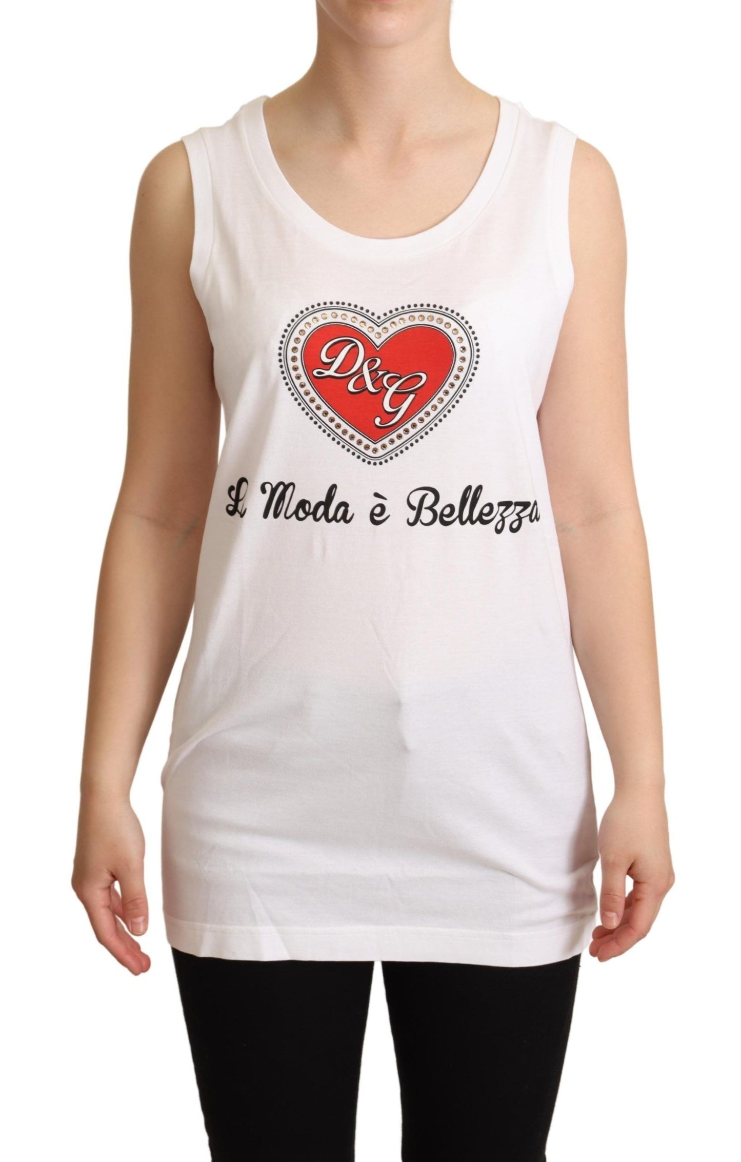 Dolce & Gabbana Crystal Embellished Heart White Sleeveless Tee