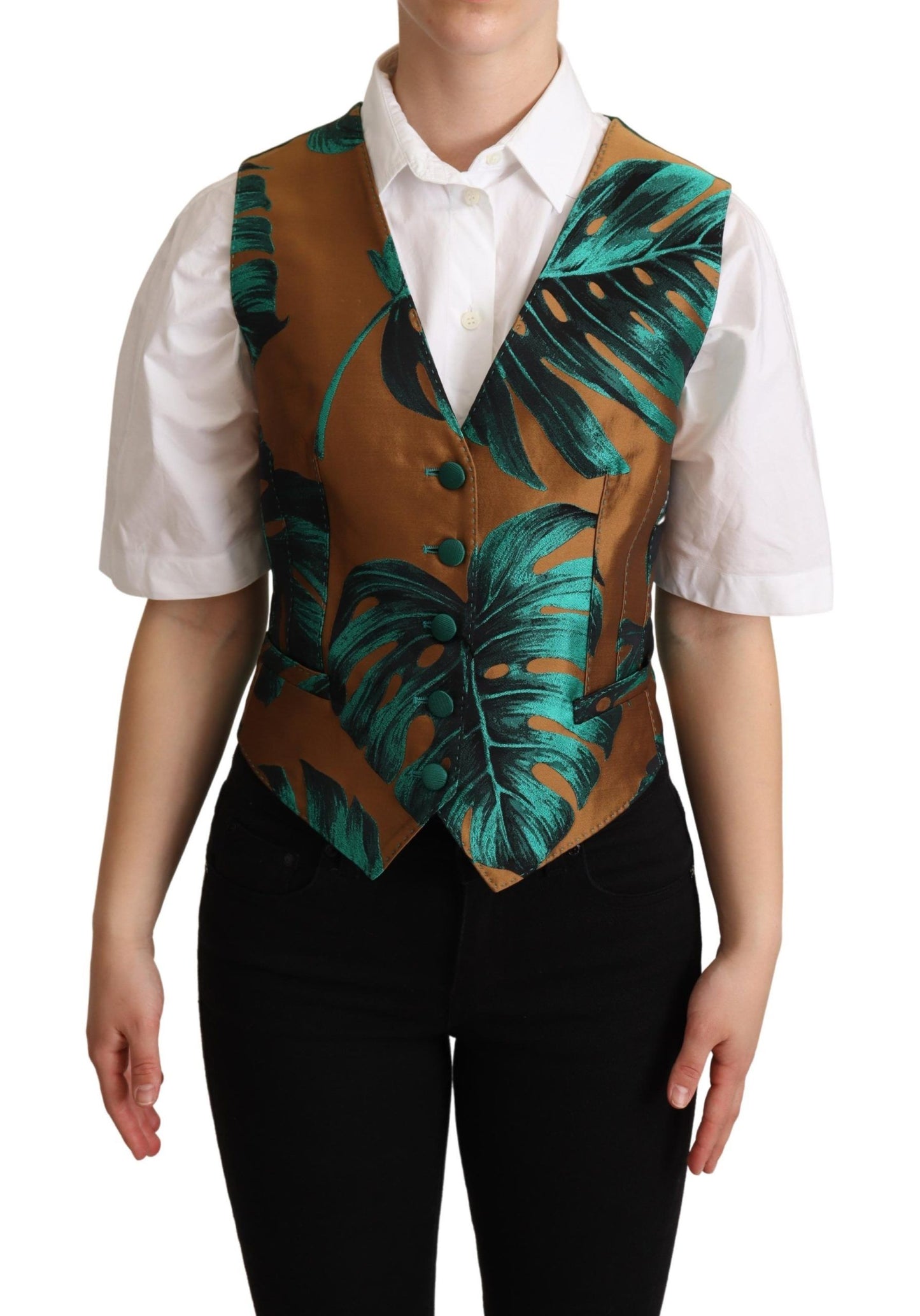 Dolce & Gabbana Elegant Green Leaf Print Waistcoat