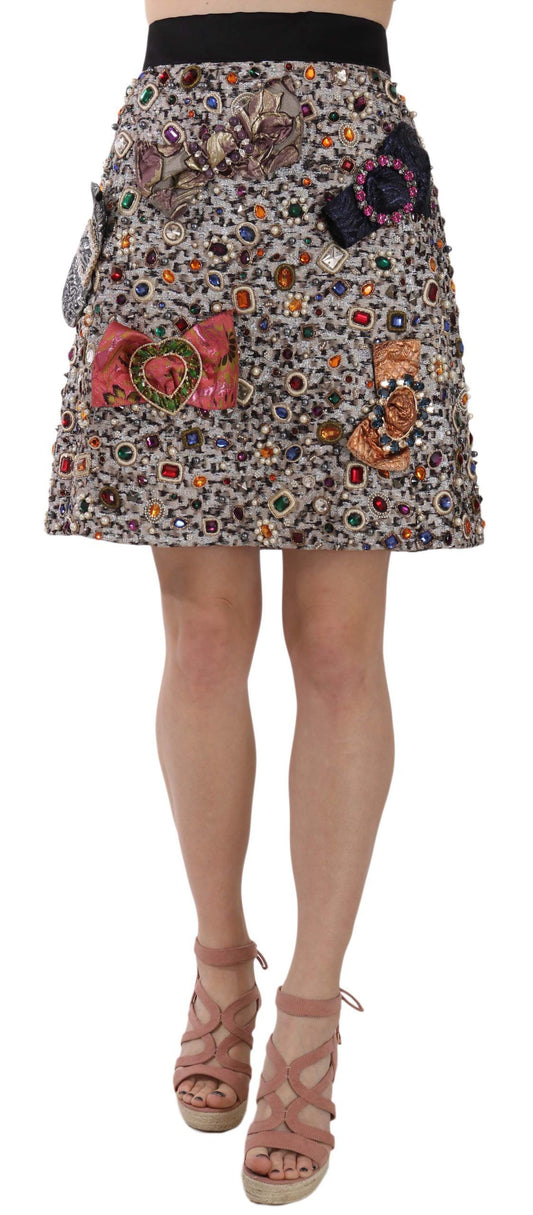 Dolce & Gabbana Silver Embellished High Waist Mini Skirt