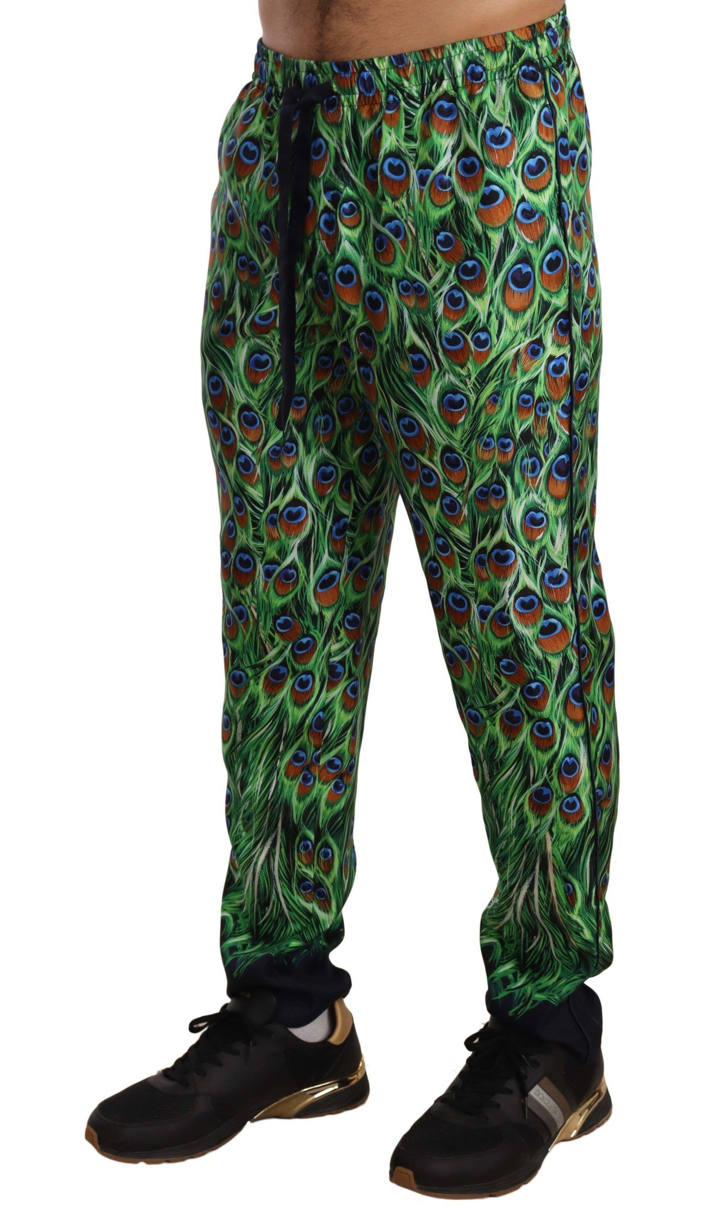 Dolce & Gabbana Elegant Green Silk Lounge Trousers with Peacock Print