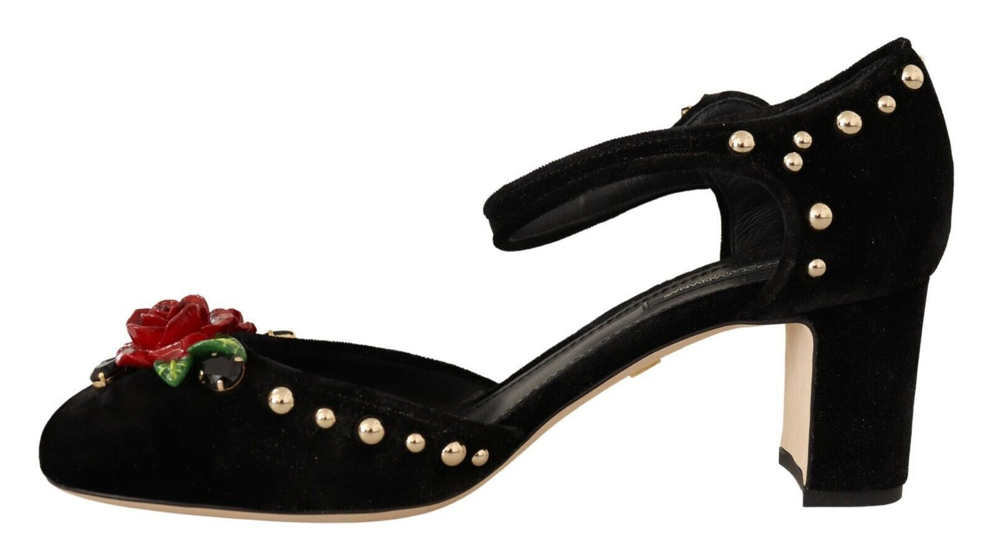 Dolce & Gabbana Elegant Velvet Studded Heels with Floral Accent