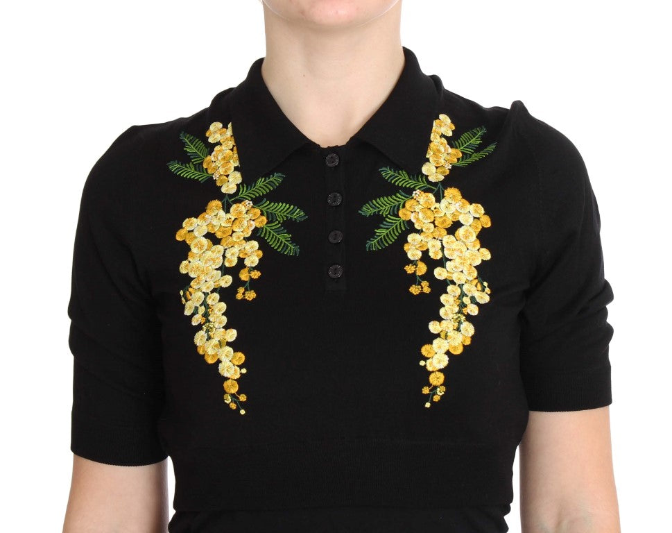 Dolce & Gabbana Elegant Black Silk Floral Polo Top