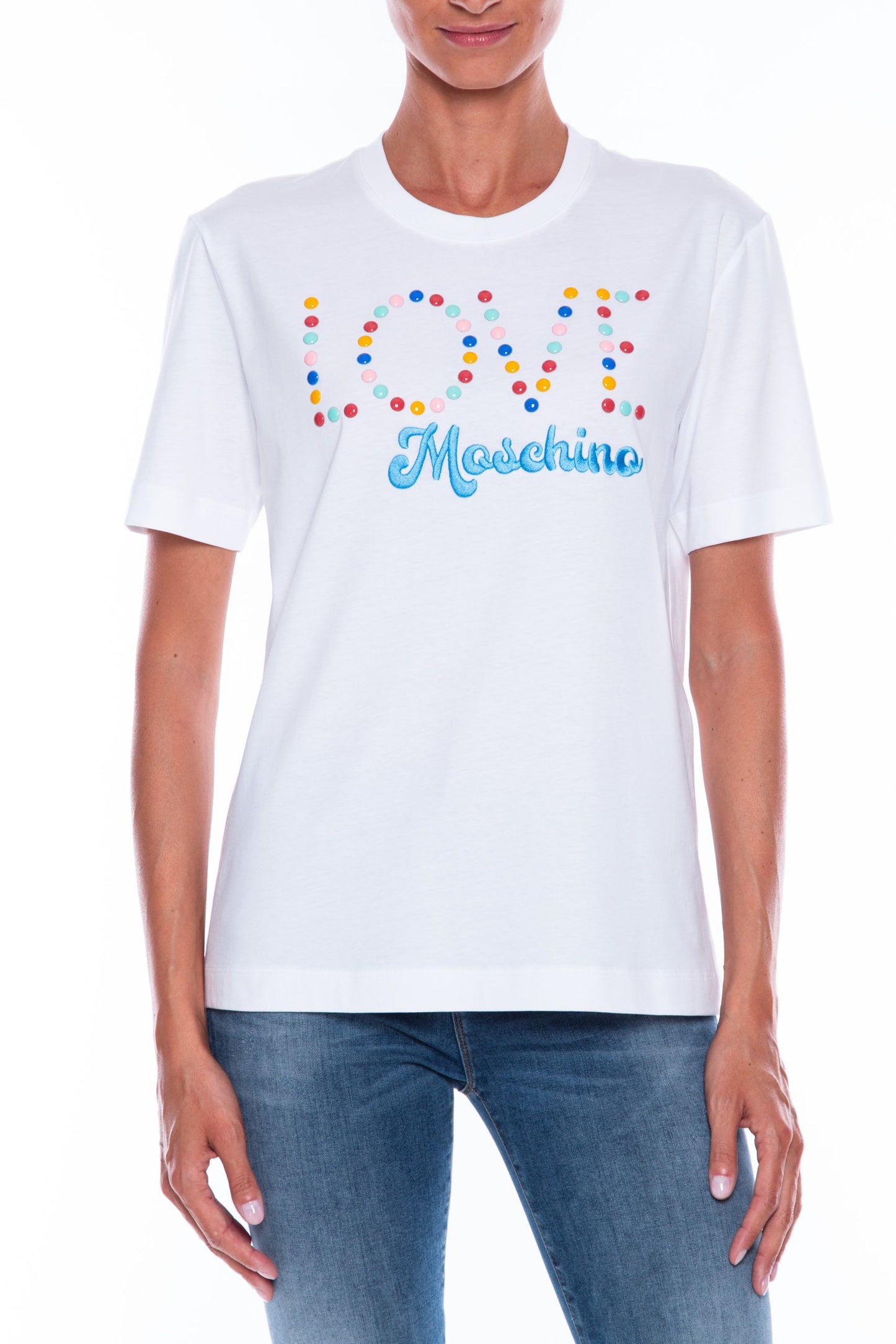 Love Moschino Beaded Logo Embroidered Cotton Tee