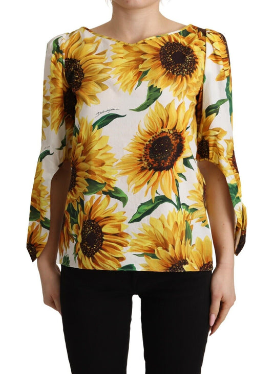 Dolce & Gabbana Sunflower Print Cotton Elbow Sleeve Blouse