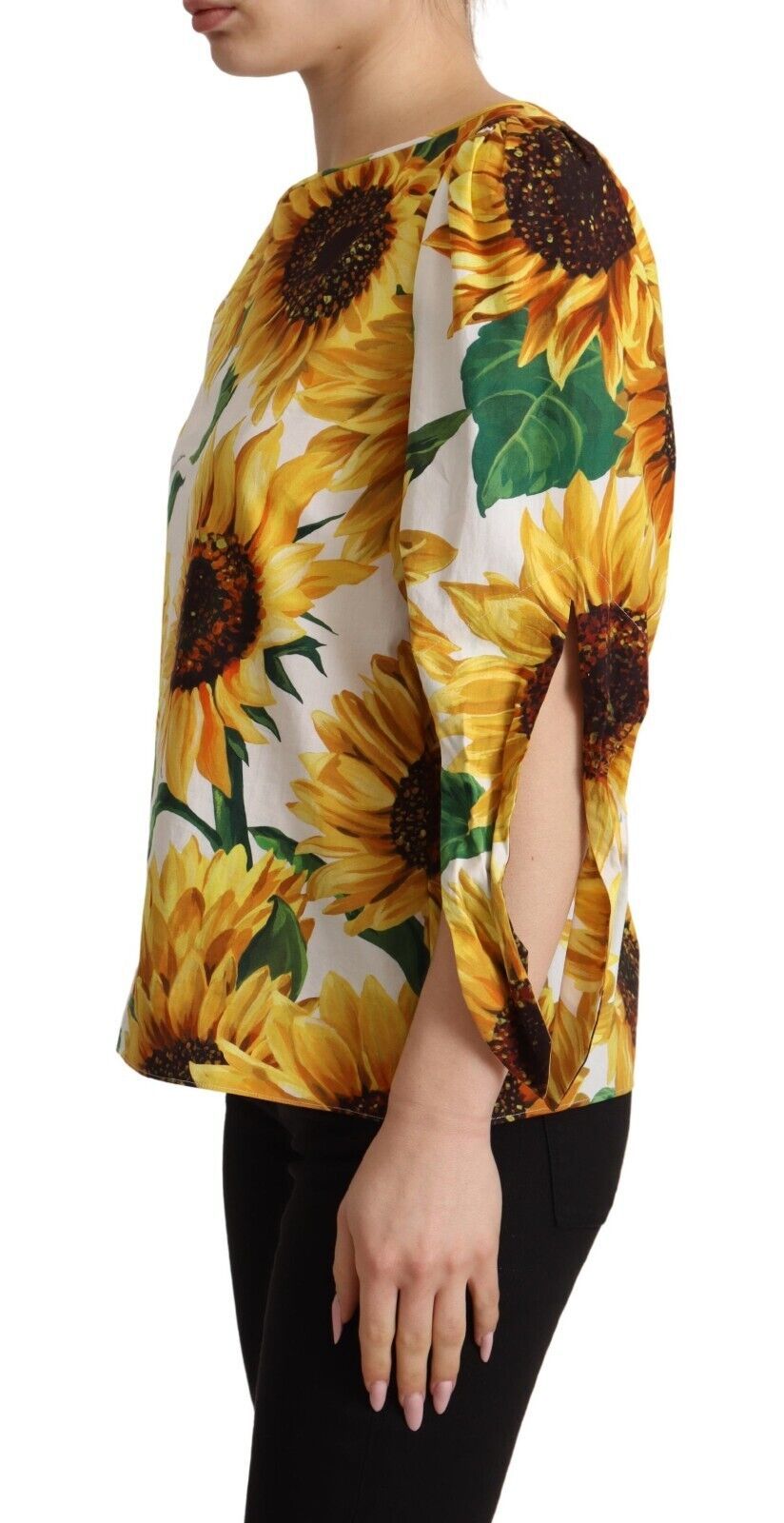 Dolce & Gabbana Sunflower Print Cotton Elbow Sleeve Blouse