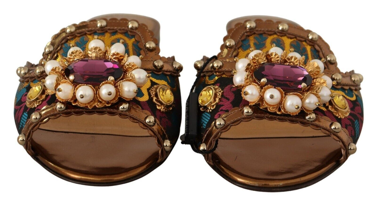 Dolce & Gabbana Chic Floral Print Flat Sandals with Faux Pearl Detail