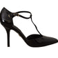 Dolce & Gabbana Elegant Black Leather T-Strap Heels Sandals