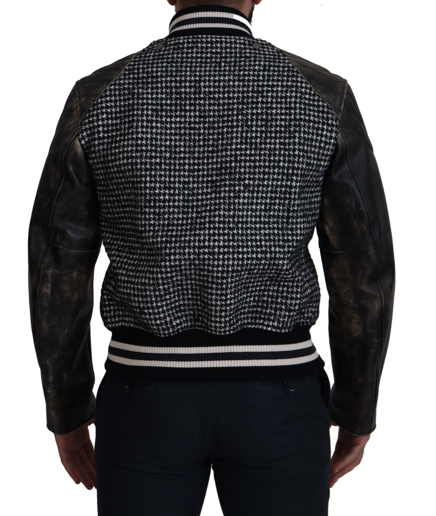 Dolce & Gabbana Multicolor Houndstooth Leather Bomber Jacket