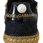Dolce & Gabbana Black Gold Baroque Portofino Leather Sneakers Shoes
