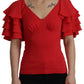 Dolce & Gabbana Elegant Red Silk V-Neck Ruffle Blouse