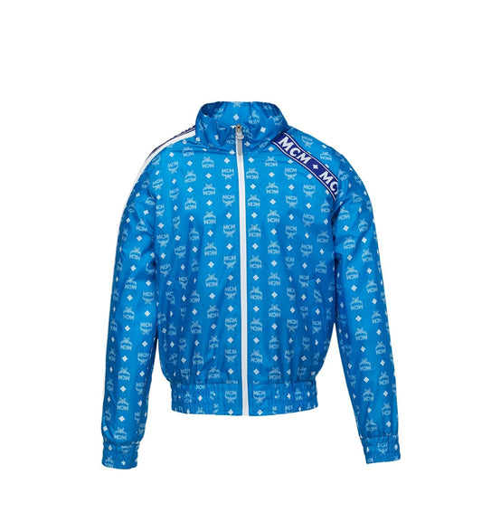 MCM Women's Blue Nylon Bomber Jacket White Logo Print