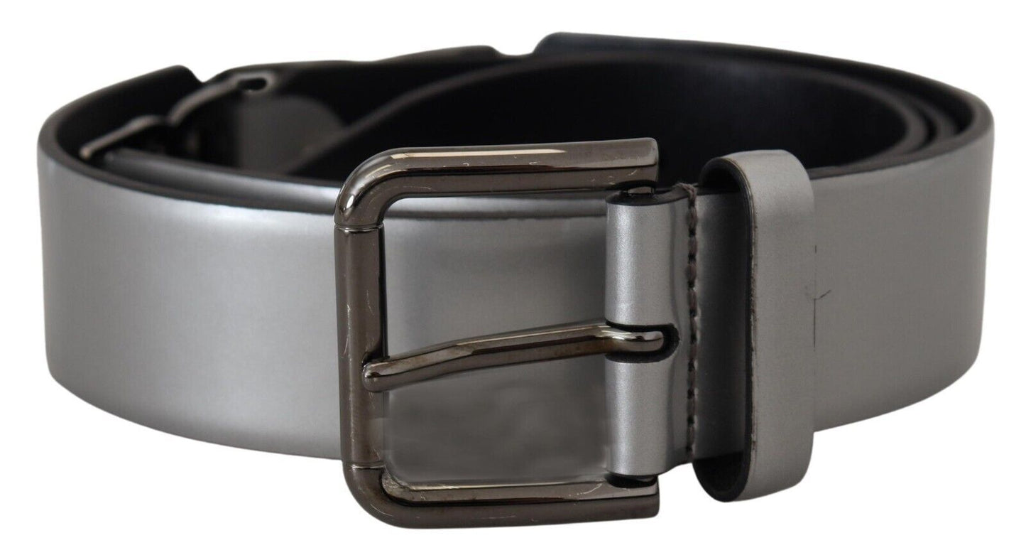 Dolce & Gabbana Chic Silver Leather Belt with Metal Buckle