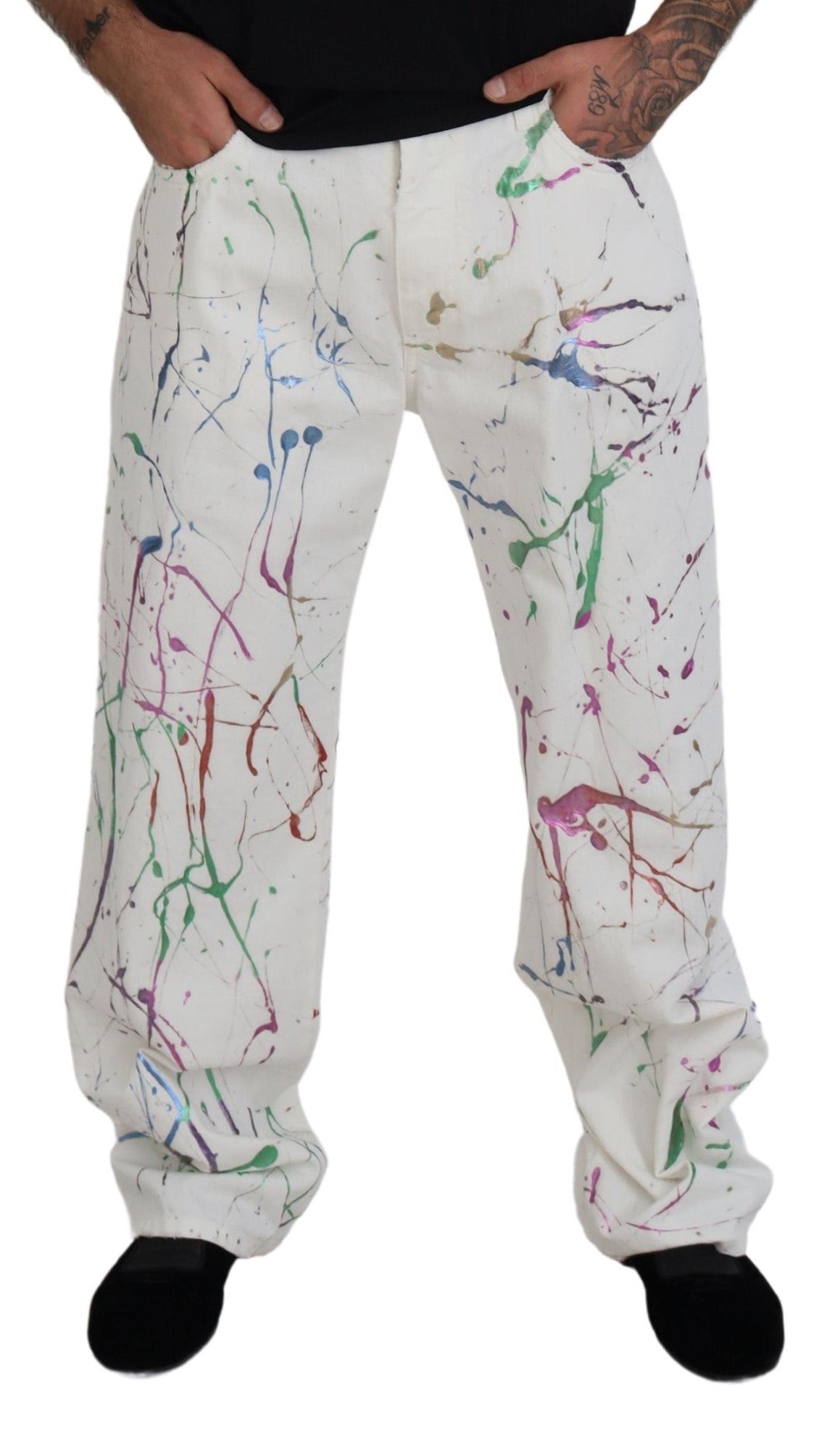 Dolce & Gabbana Chic White Splash Print Denim Pants