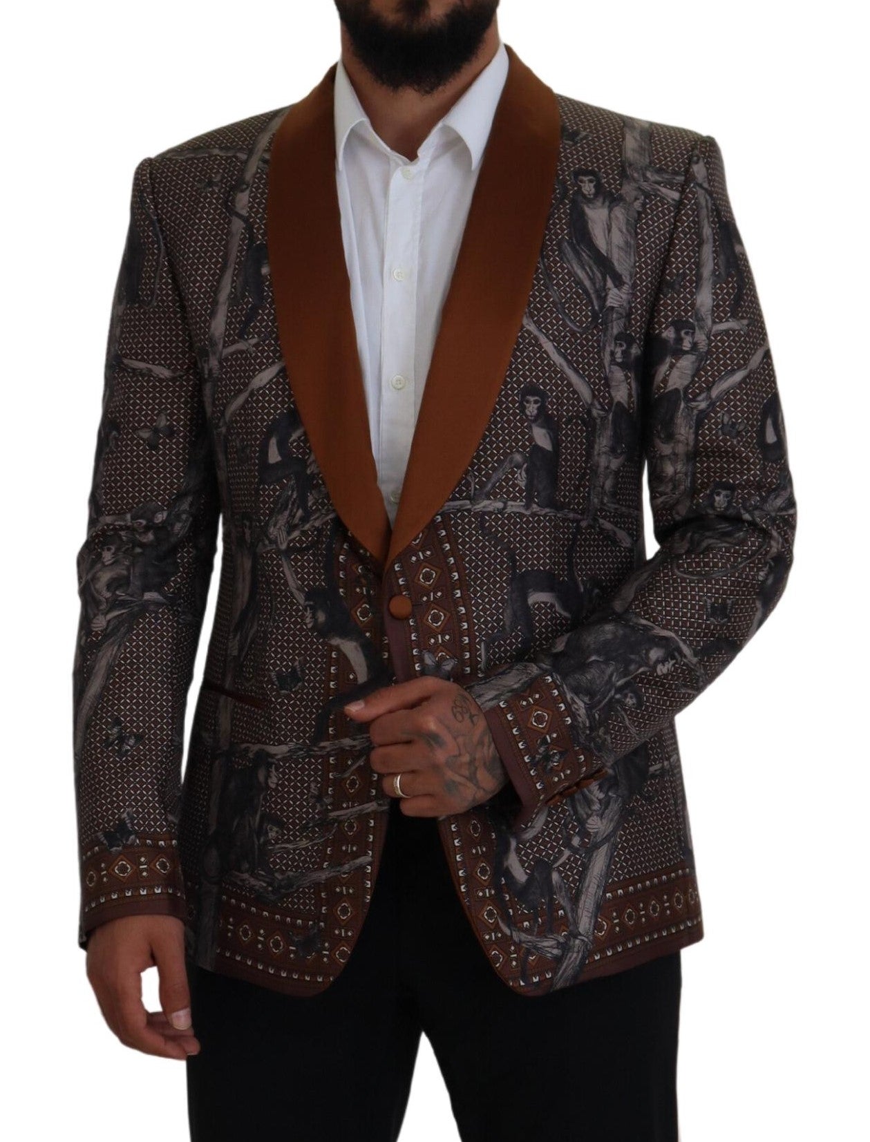 Dolce & Gabbana Elegant Bronze Brown Monkey Print Silk Blazer