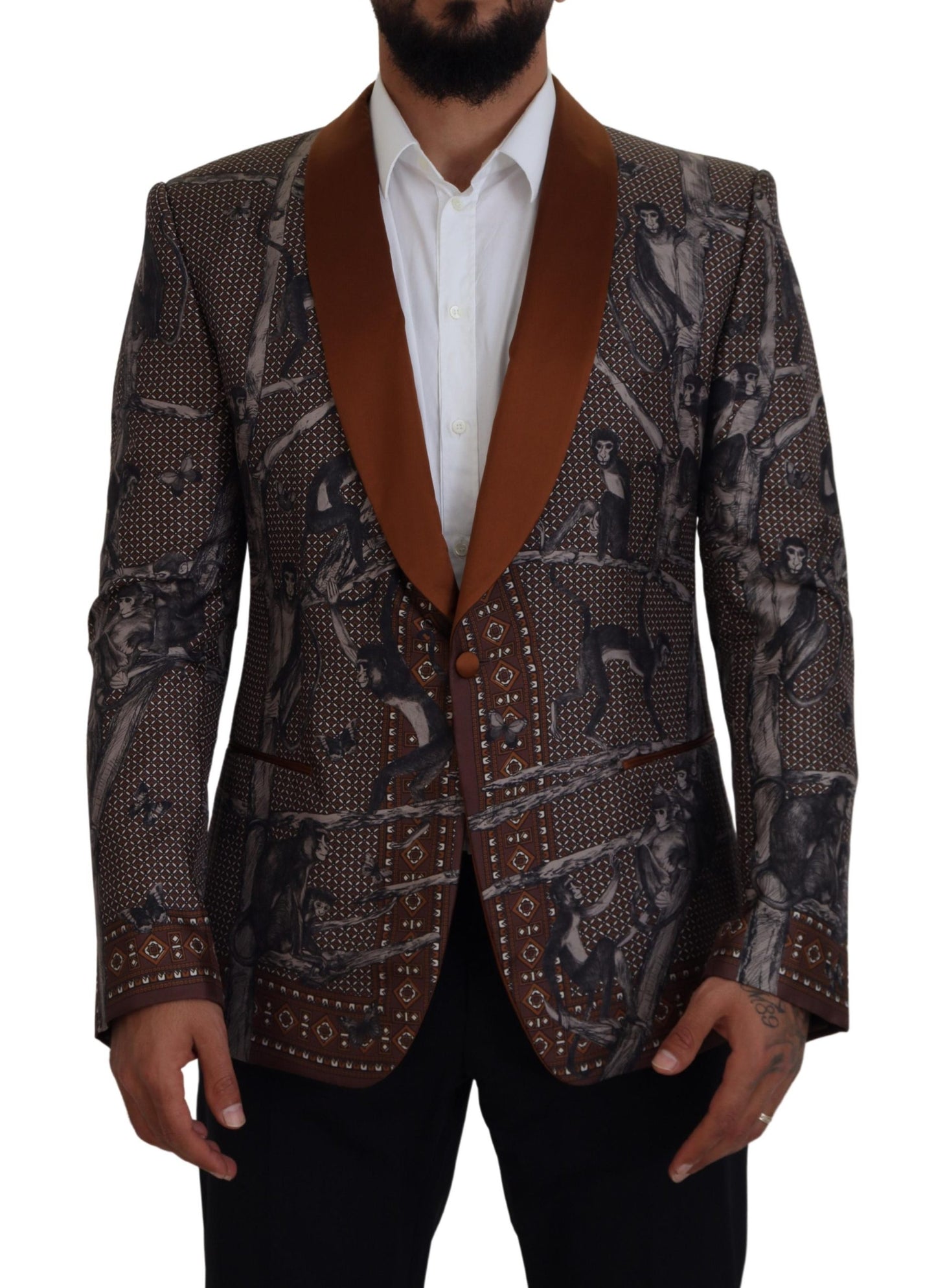 Dolce & Gabbana Elegant Bronze Brown Monkey Print Silk Blazer