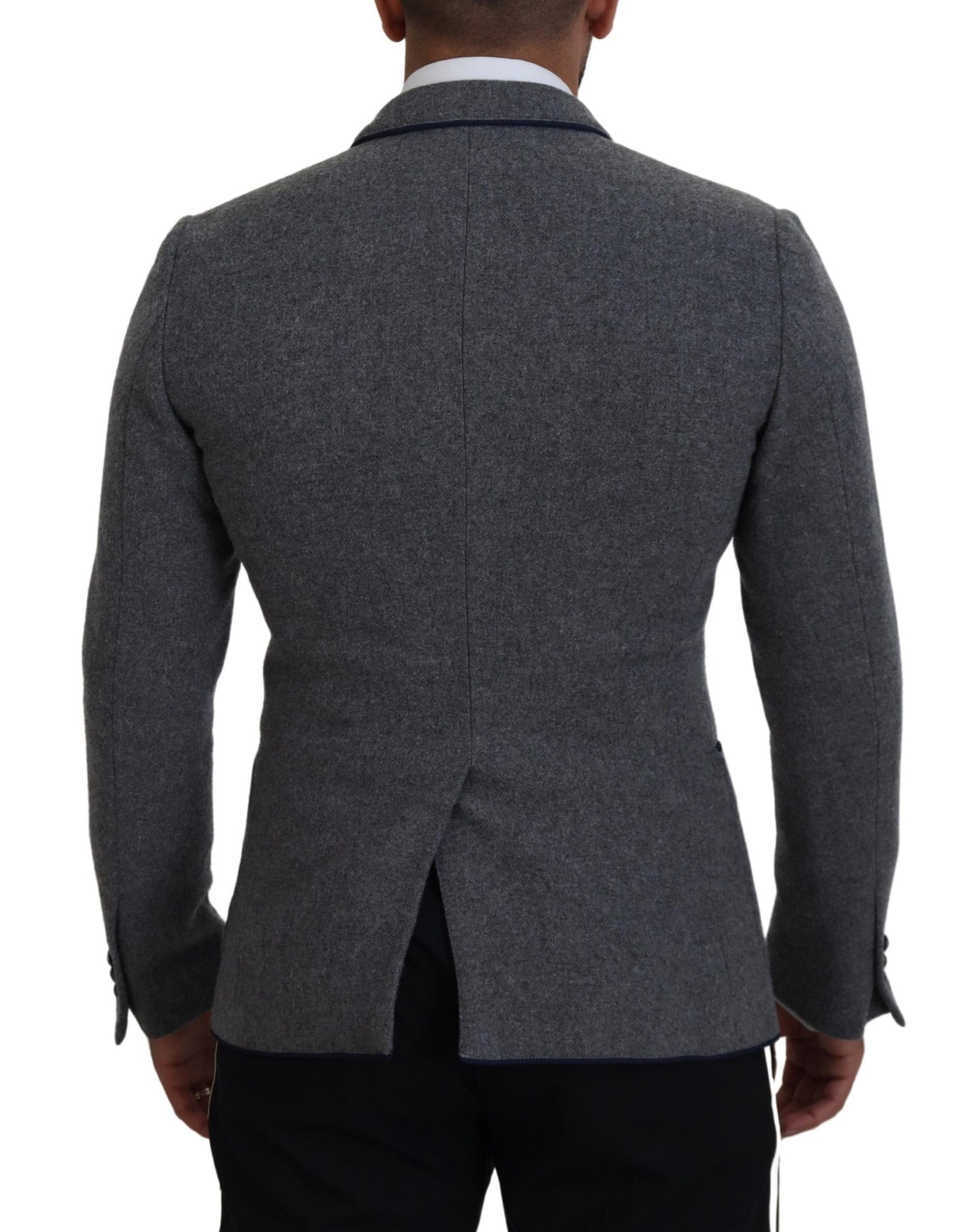 Dolce & Gabbana Elegant Gray Wool Blazer with Blue Rose Embroidery