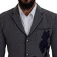 Dolce & Gabbana Elegant Gray Wool Blazer with Blue Rose Embroidery