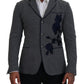 Dolce & Gabbana Elegant Gray Wool Blazer with Blue Rose Embroidery