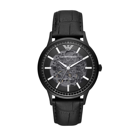 Emporio Armani Elegant Black Leather Mechanical Timepiece