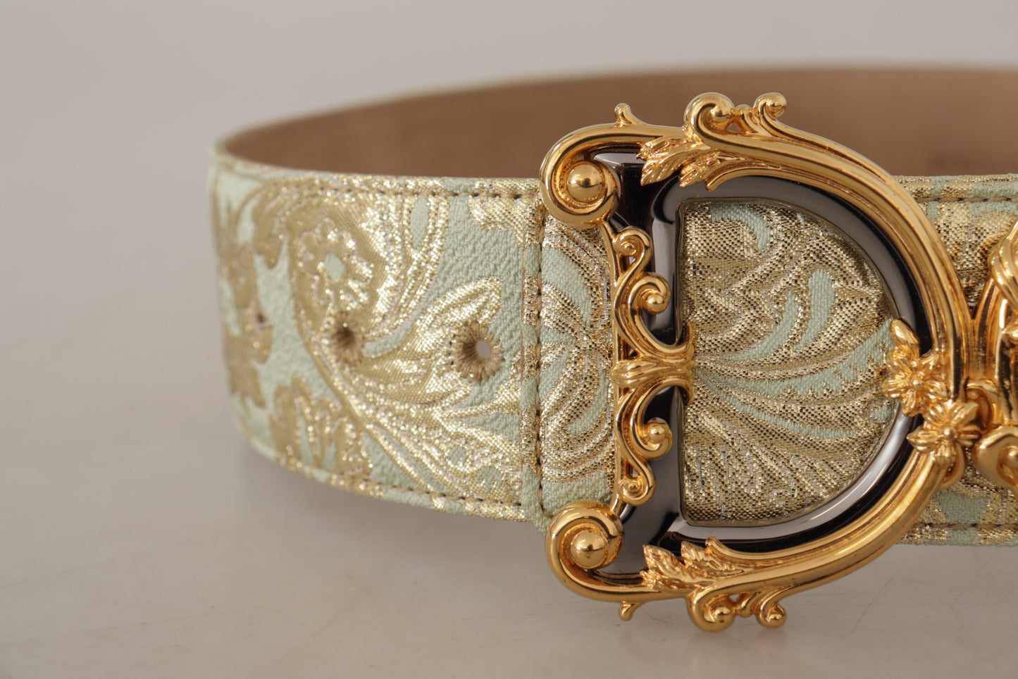 Dolce & Gabbana Engraved Buckle Leather Belt - Green & Gold