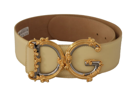 Dolce & Gabbana Beige Leather Engraved Buckle Belt