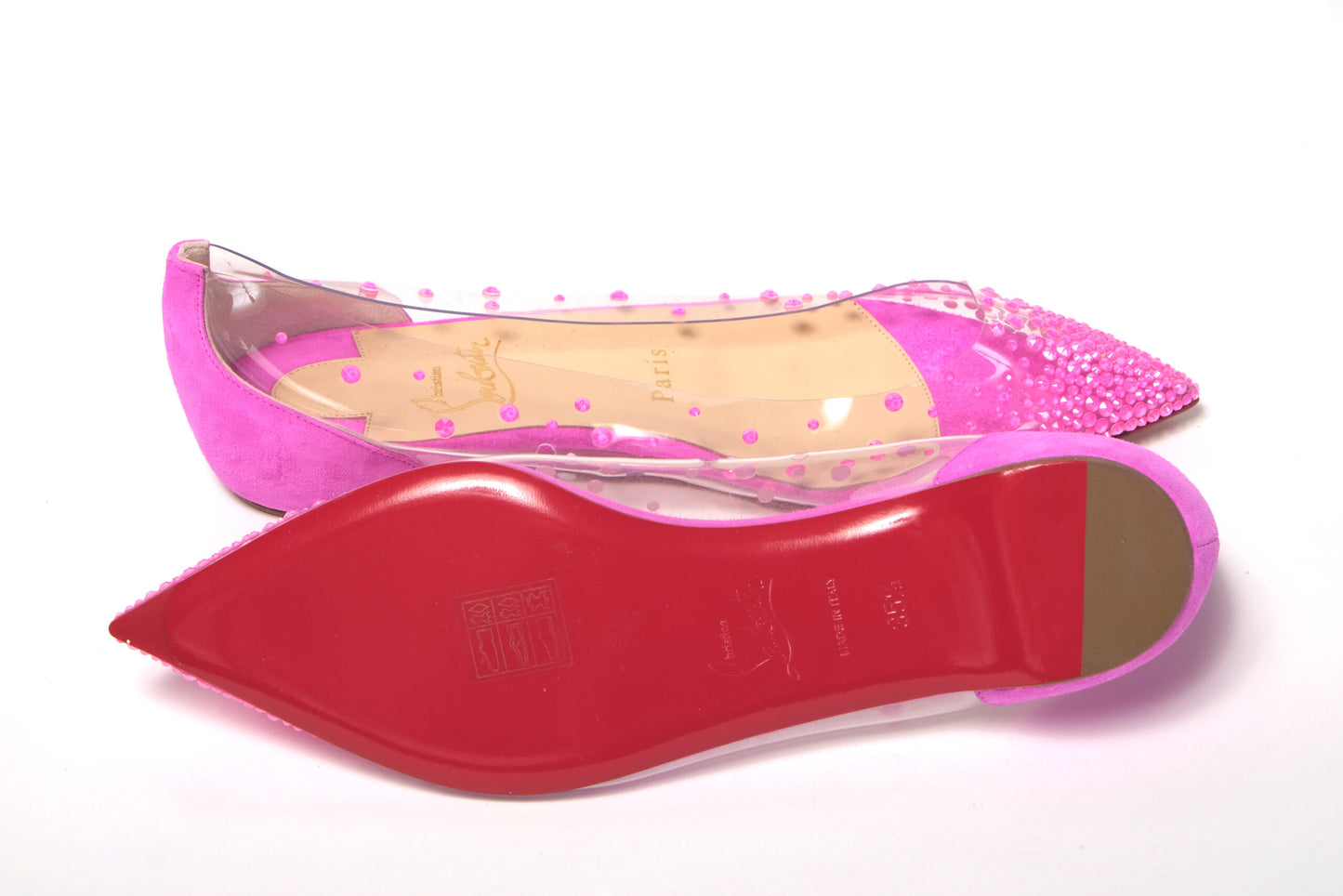 Christian Louboutin Hot Pink Suede Crystals Flat Point Toe Shoe