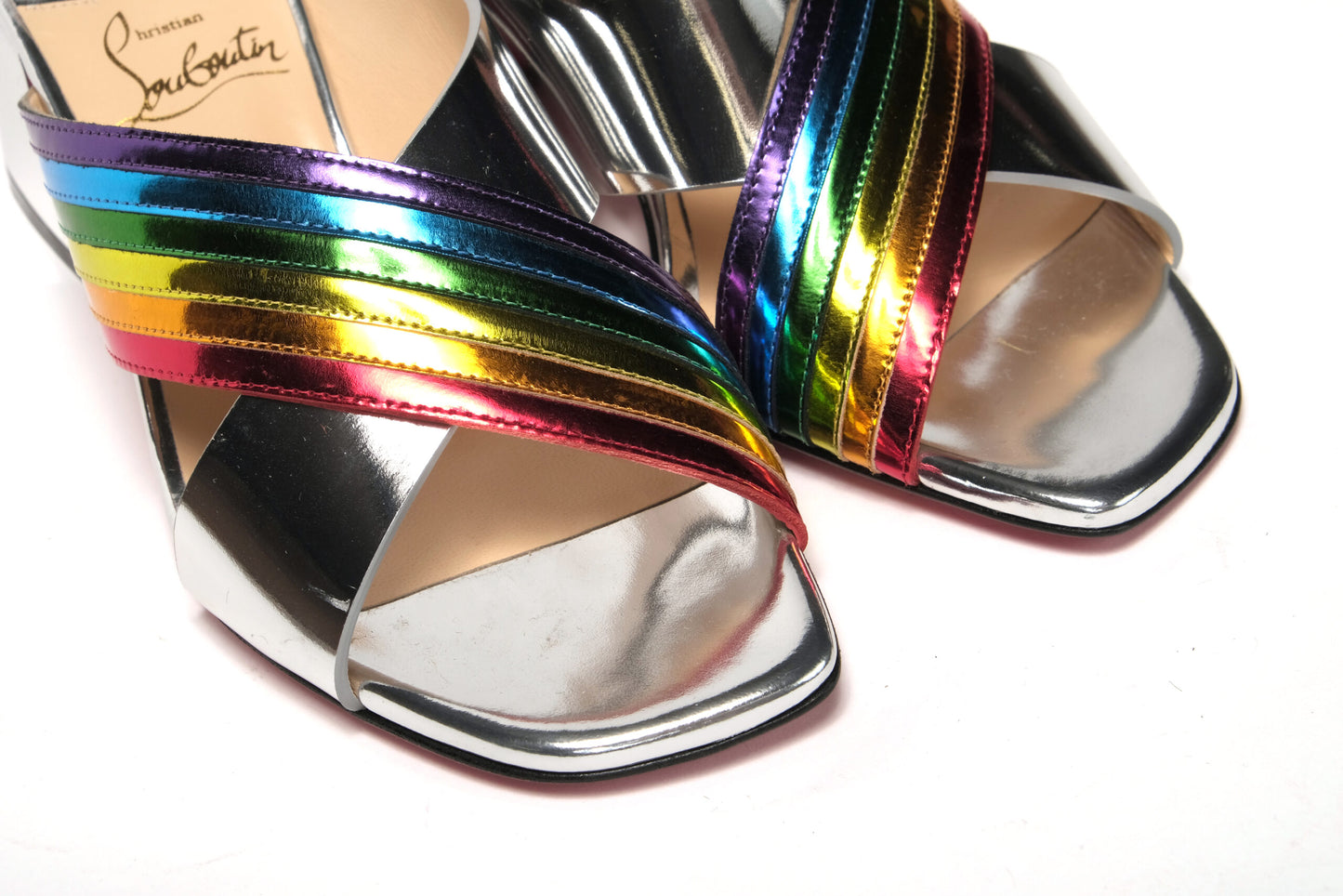 Christian Louboutin Silver Silver And Rainbow Stripe Mule Sandal