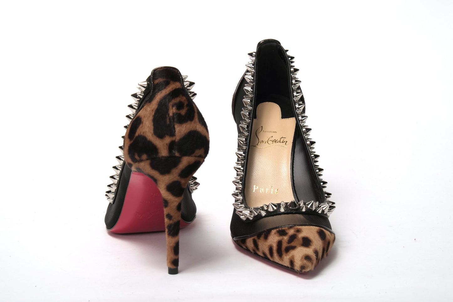 Christian Louboutin Brown Silver Leopard  Nappa And Mesh Studded High Heels Pumps