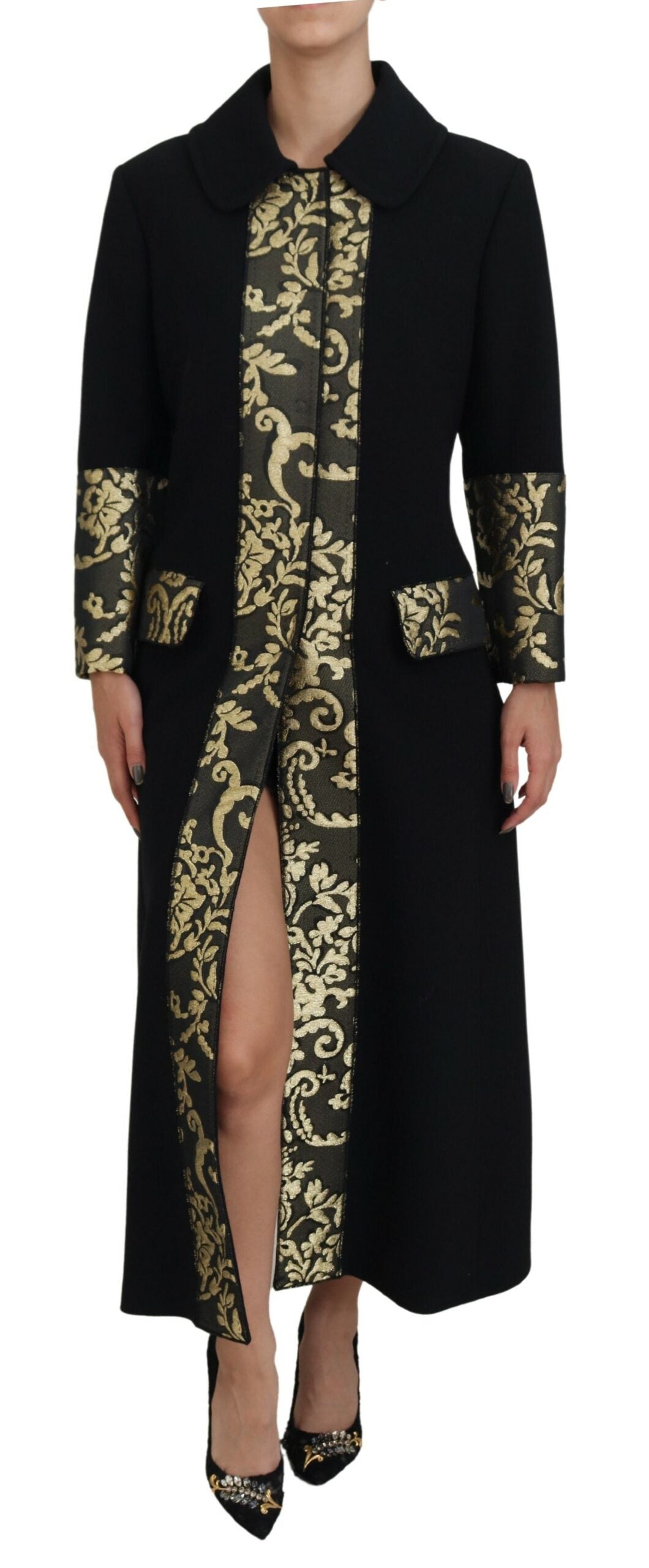 Dolce & Gabbana Elegant Gold Black Jacquard Trench Coat