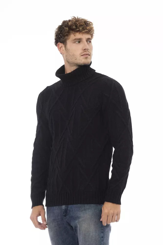 Alpha Studio Black Merino Wool Men Sweater